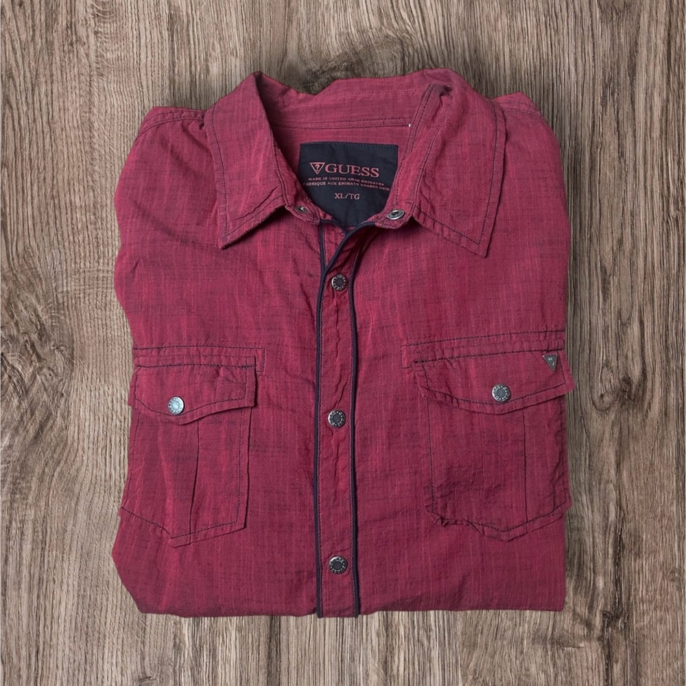GUESS Men's Burgundy and Black Long Sleeve Button Down Shirt Size XL